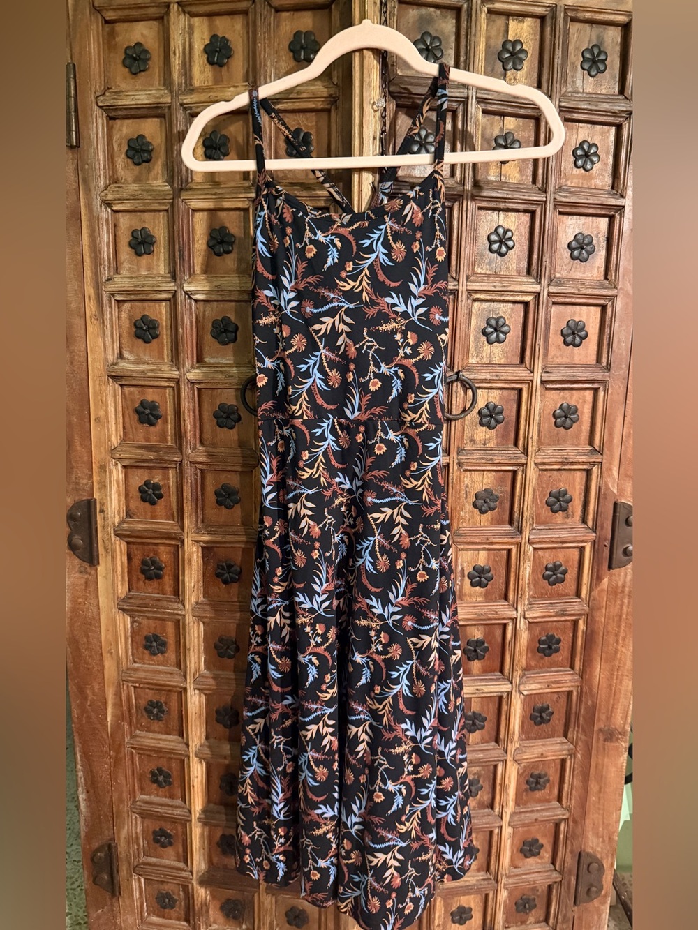 Pact Black Midi Dress fit and flair with Blue & Brown Floral Print